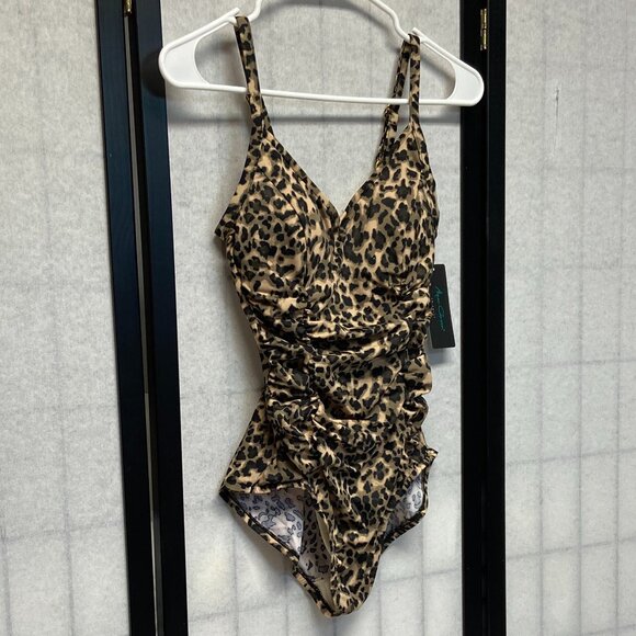 Aqua Green Shirred Side Front One Piece Low V Neck Leopard Spot Swimsuit NWT S - Picture 4 of 12